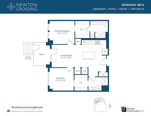 Floor plan for 2 beds, 2 baths, 1067 sqft